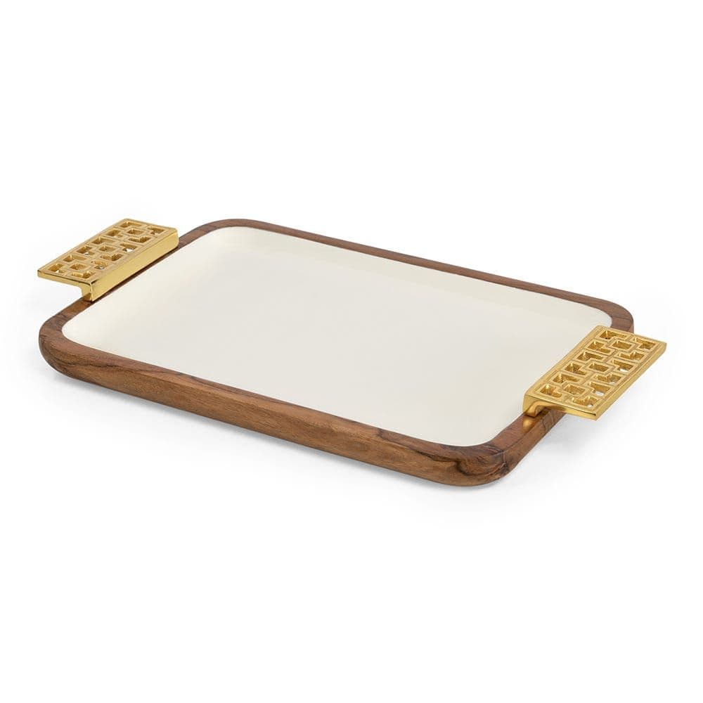 Damask Large Wooden Rectangular Tray, White & Gold - 47X30 Cm