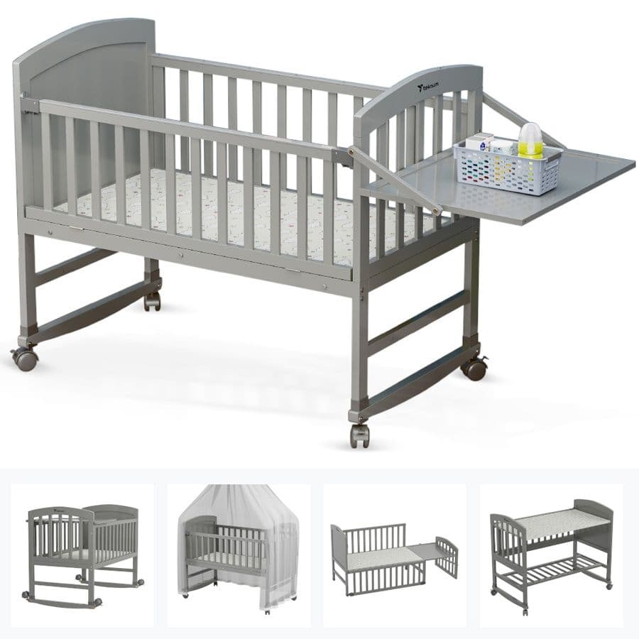 Teknum 7 In 1 Convertible Bedside Crib & Kids Bed With Mattress (Grey)