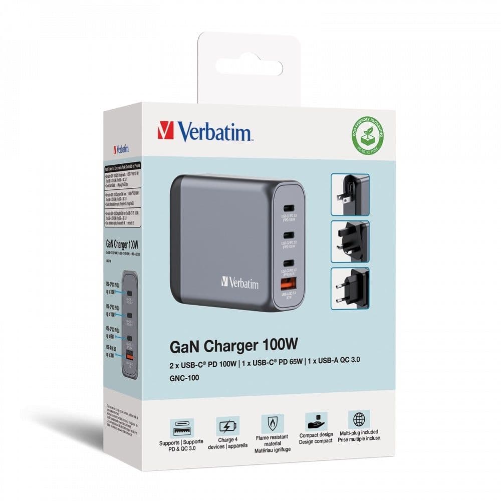 شاحن Verbatim Gan بقوة 100 واط بمنفذ USB-C وUSB-A