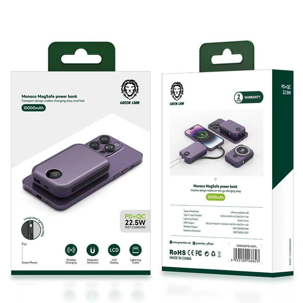 Green Lion Monaco Power Bank 10000Mah Pd+Qc 22.5 / Magsafe Wireless 22.5W Cable / 1-Usb-C  For Smartphone & Ipad - Purple