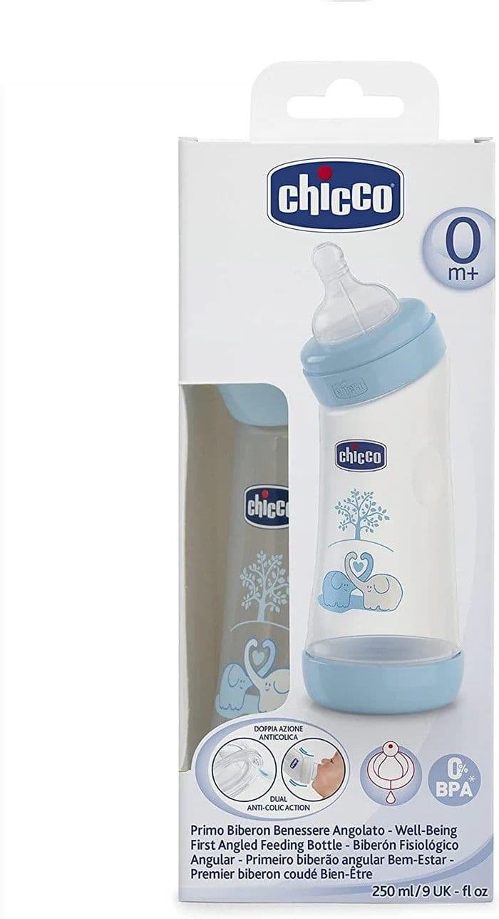 Chicco Well Being First Angled Feeding Bottle Regular Flow Plastic 0M+ 250ml Blue