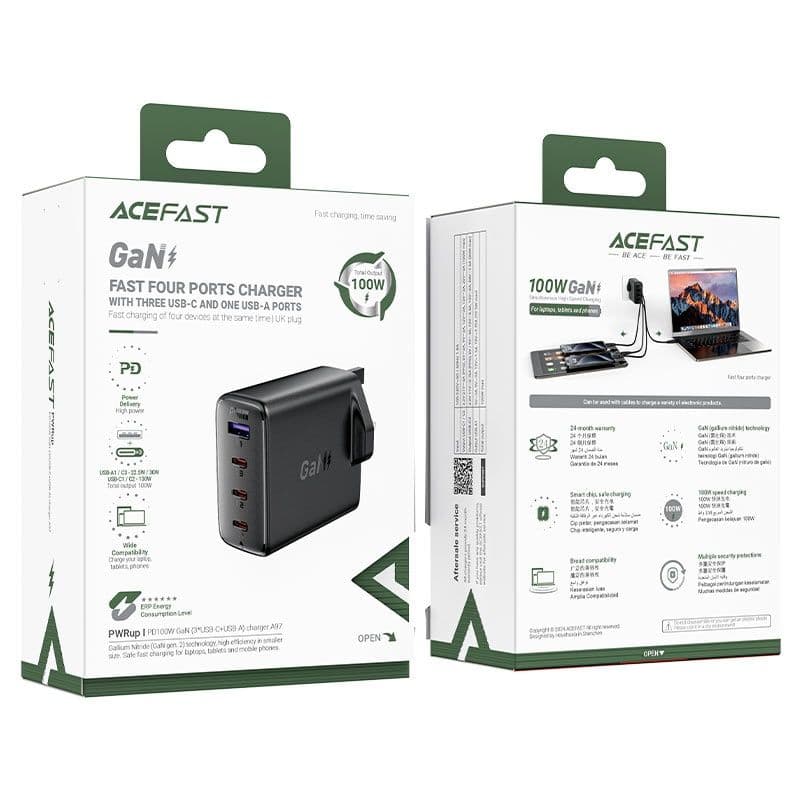 3 Usb - C + 1 Usb - A 100W Gan Fast Charging Adapter - Acefast A97