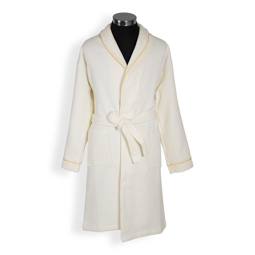 Waffle Trimmed Robe, Off-White & Gold - Medium