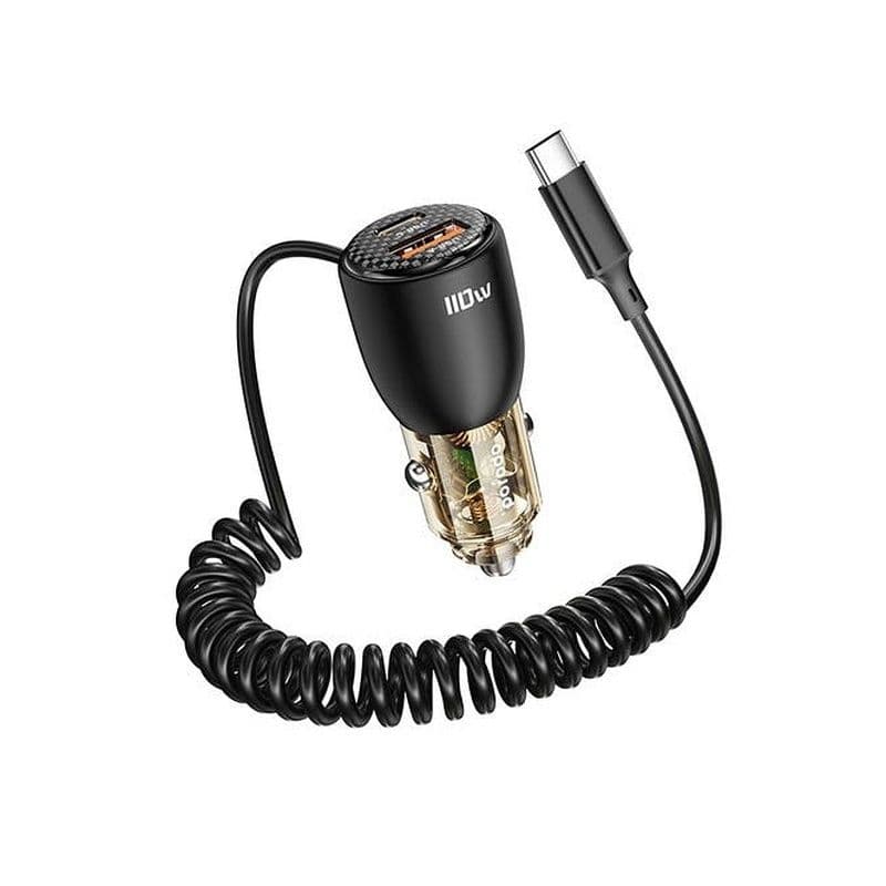 Porodo 110W Dual Port Transparent Aluminum Car Charger Integrated Type-C Cable 1M Black