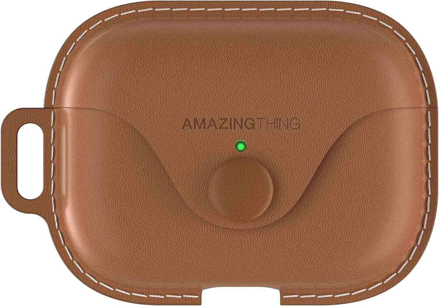 Amazingthing Marsix Pro Case For Apple Airpods Pro 2 / Front Lock Button / Brown Leather