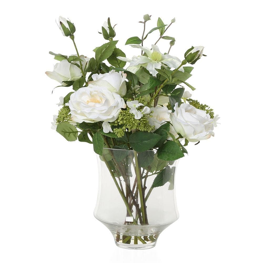 Artificial Roses In Glass Vase, White Â€“ 45 Cms