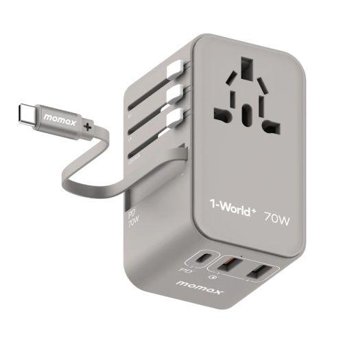 Momax 1-World 70W Gan 3 Port With Built-In Usb-C Cable Ac Travel Adaptor Grey