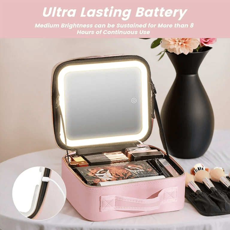 Travel Makeup Bag With Led Mirror, Portable Cosmetic Organizer With Adjustable Dividers