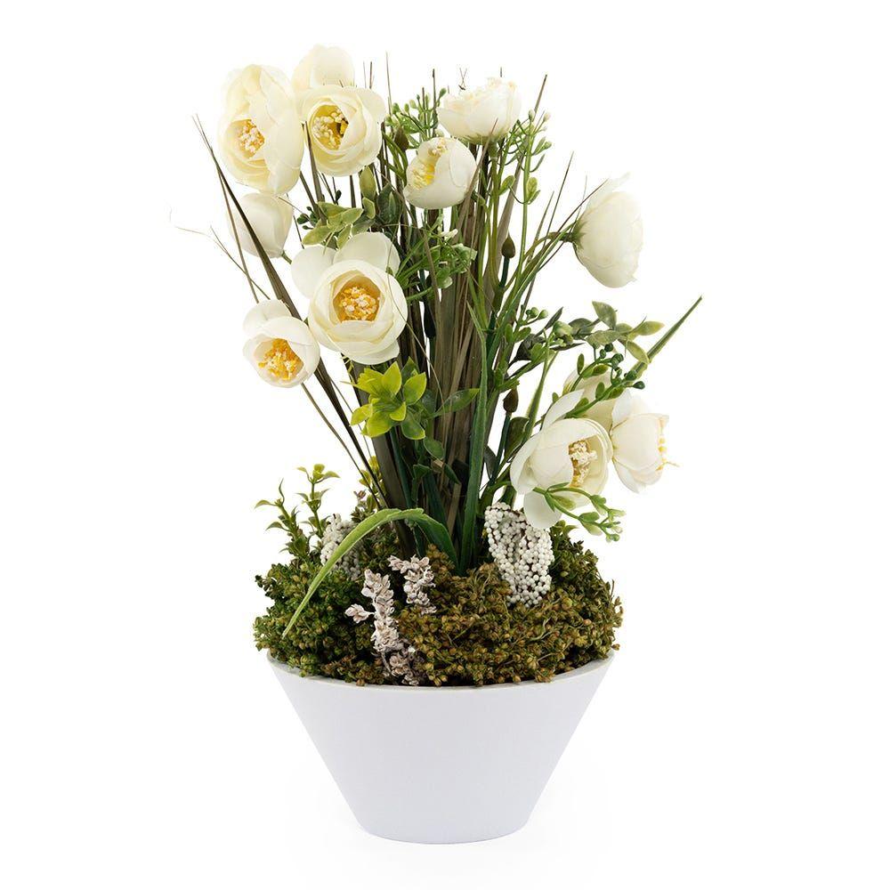 Ranunculus Round Flowers With Pot, White - 18X18X33 Cm