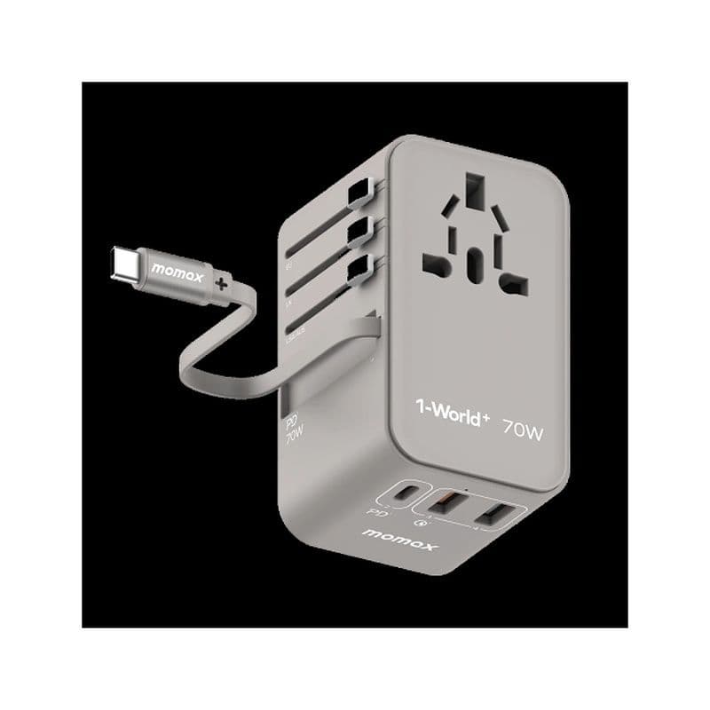 Momax 1-World 70W Gan 3 Port With Built-In Usb-C Cable Ac Travel Adaptor Grey