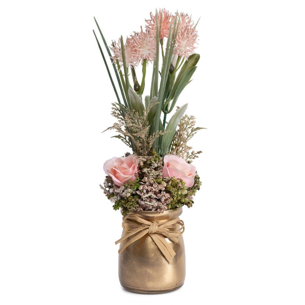 Artificial Mix Rose In Golden Vase, Peach