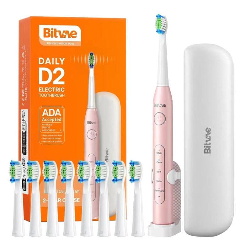 Bitvae Daily D2 Electric Toothbrush Pink 5 Modes With 8 Heads