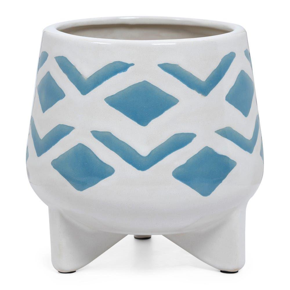 Ceramic Santo Planter, White & Blue - 16 Cm