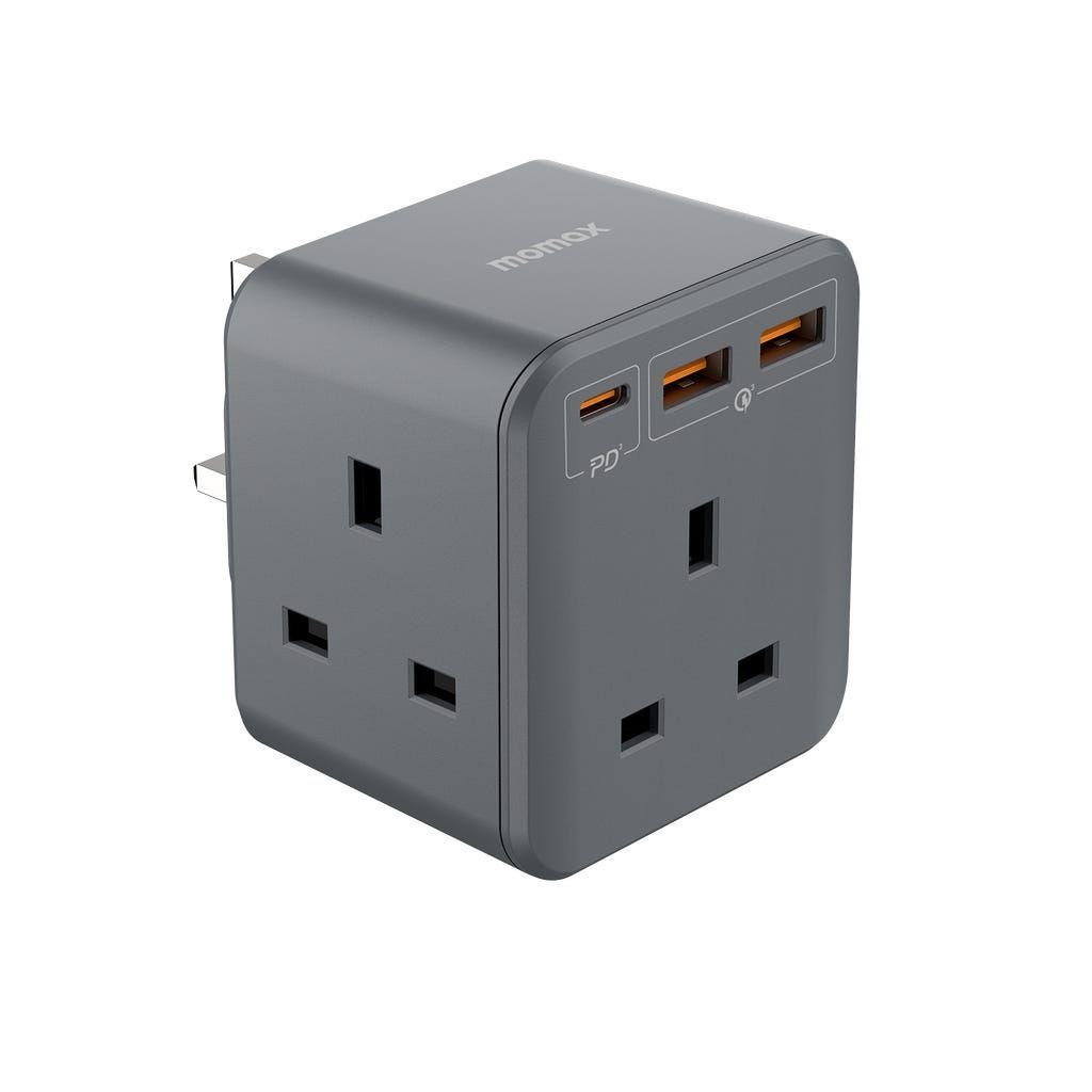 Momax Oneplug 3-Outlet Cube Extension Socket Wit Usb-Grey(Us8Uk)