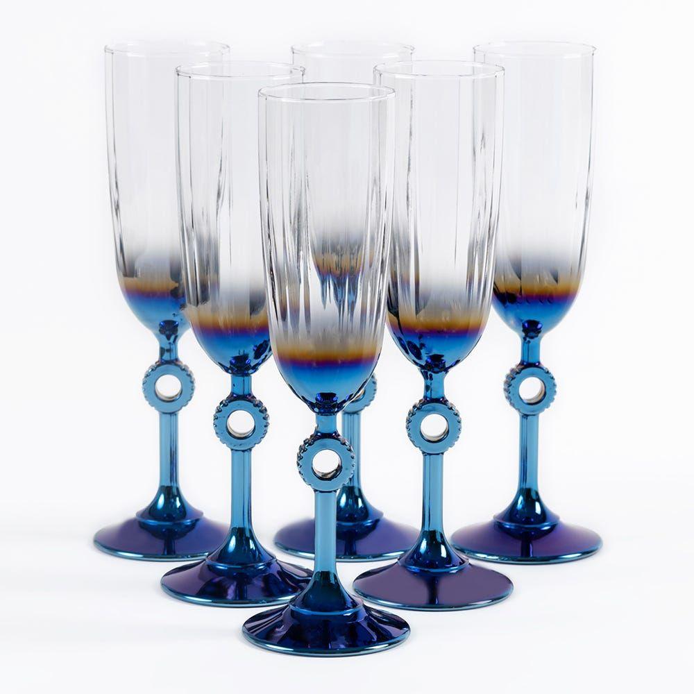 Amor 6-Piece Champagne Glass Set, Clear & Blue - 150 Ml