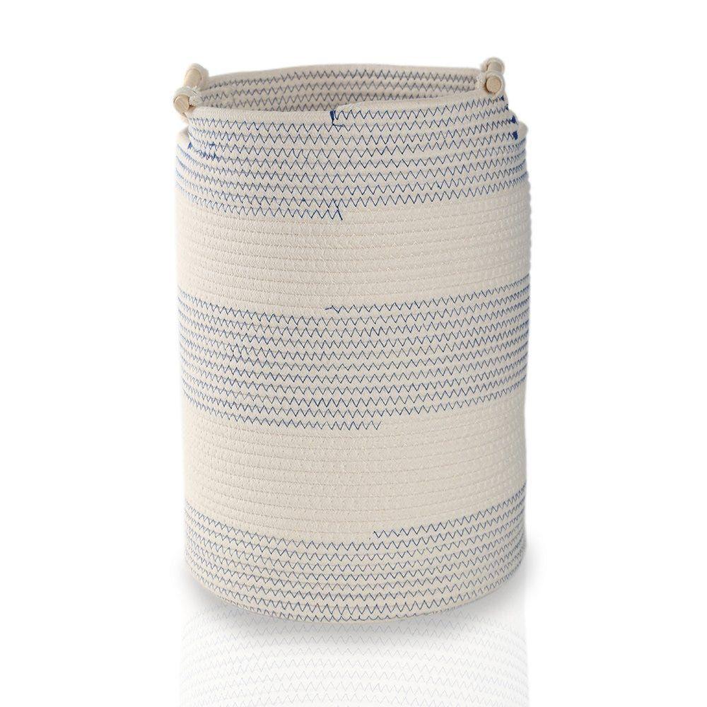 Chevron Basket With Handle, White/Blue - Small