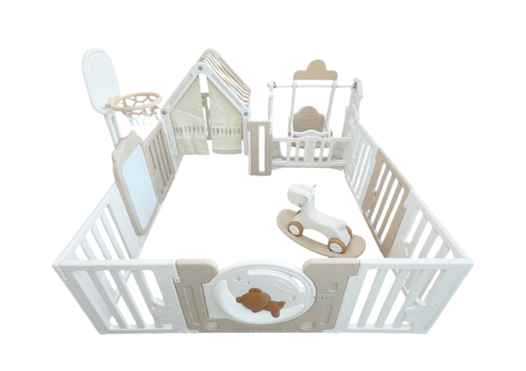 Little Toddlers Bear Moon Playpen (No Mat) With Drawing Board, Basketball Hoop, Small House, Swing, Rocking Horse And Moon Light  -150Cm X 180Cm X 64Cm