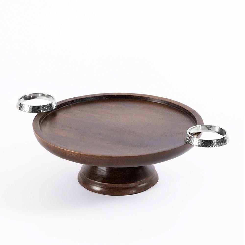 Serving Plate With Hammered Ring Handle, Walnut & Silver - 29X11 Cm