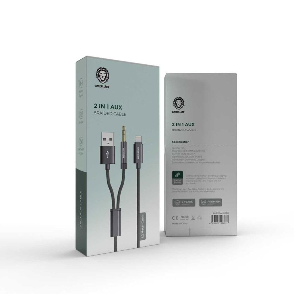 Green Lion 2 In 1 Aux Braided Cable (1.2M)