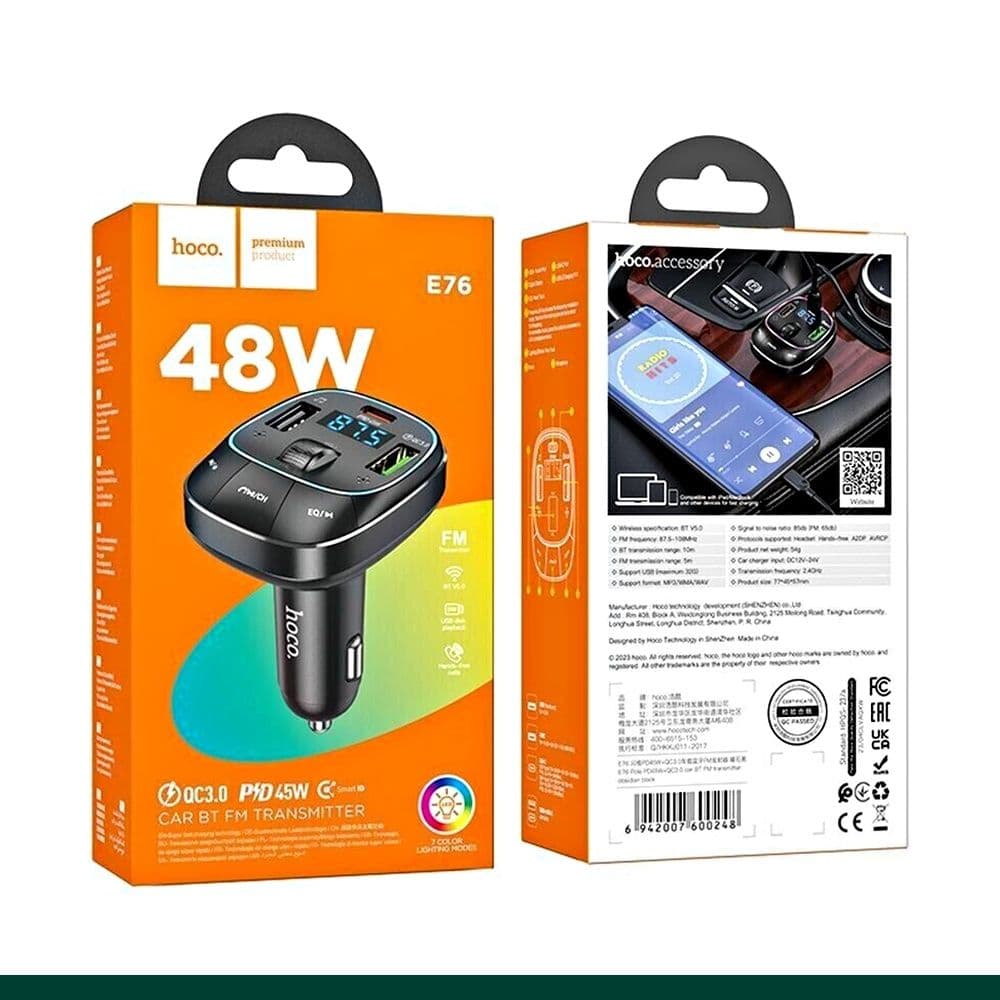 Qc3.0 Car Bluetooth Wireless Mp3 Fm Transmitter With Charger 48W - Hoco E76