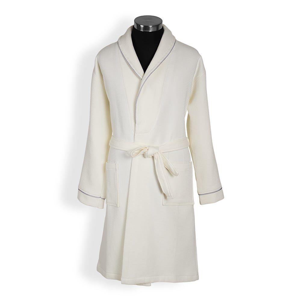 Waffle Trimmed Robe, Off-White & Silver - Medium