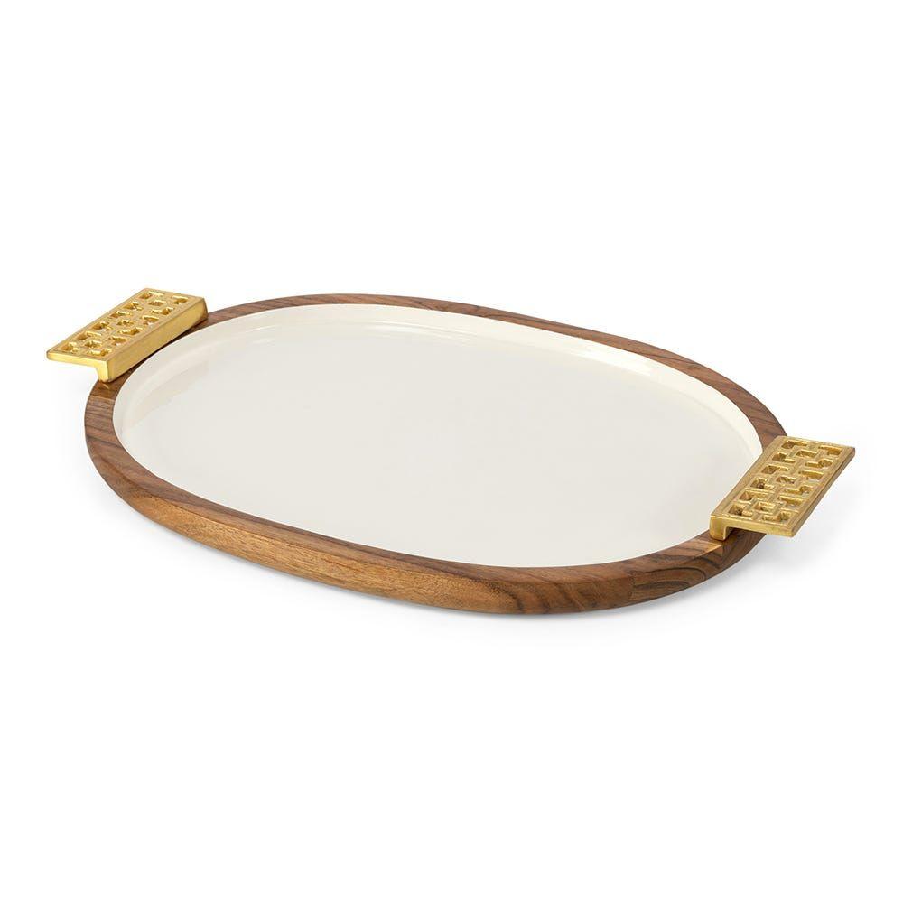 Damask Large Wooden Oval Tray, White & Gold - 53X36 Cm