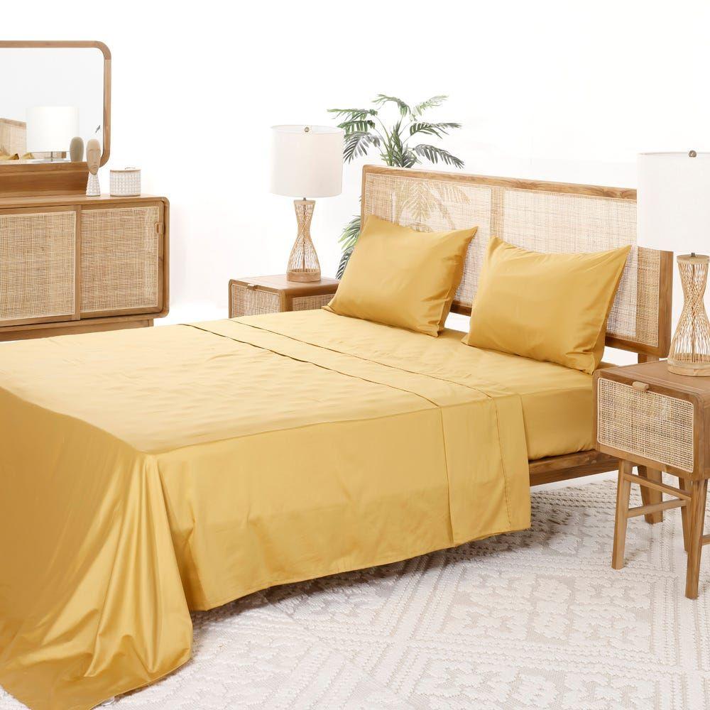 Breathable 3-Piece Flat Sheet Set, Mustard - 300Tc, 255X274 Cm