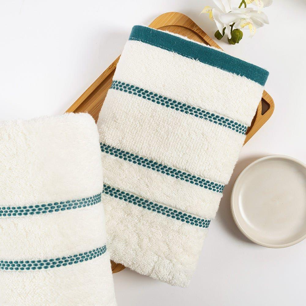 Cozmo Hand Towel, Ivory & Teal - 500 Gsm, 80X50 Cm