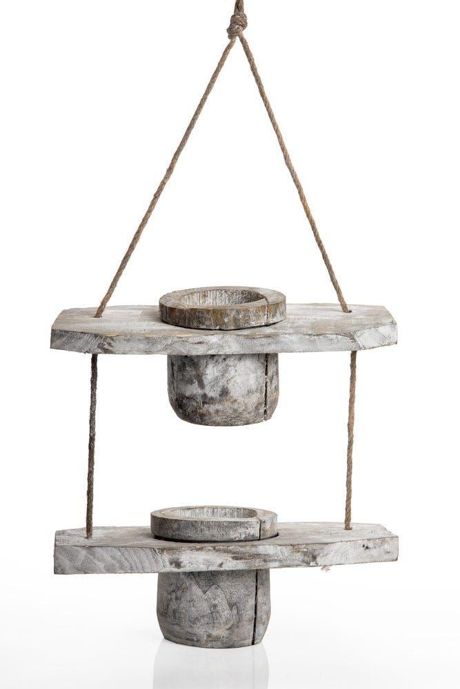 2-Tier Wooden Hanging Pot, Whitewash Grey