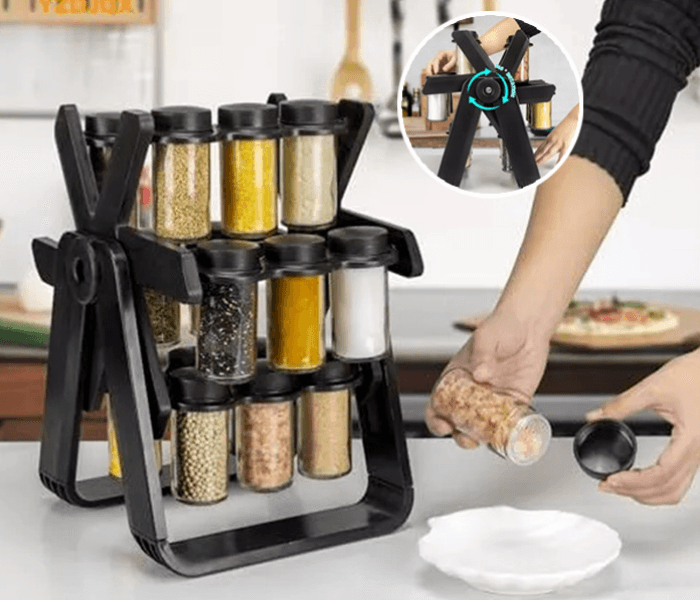 Kitchen Rotating 18 Pcs Glase Spice Jars Countertop Revolving Spice Rack 360°Rotating Seasoning Kitchen Organizer