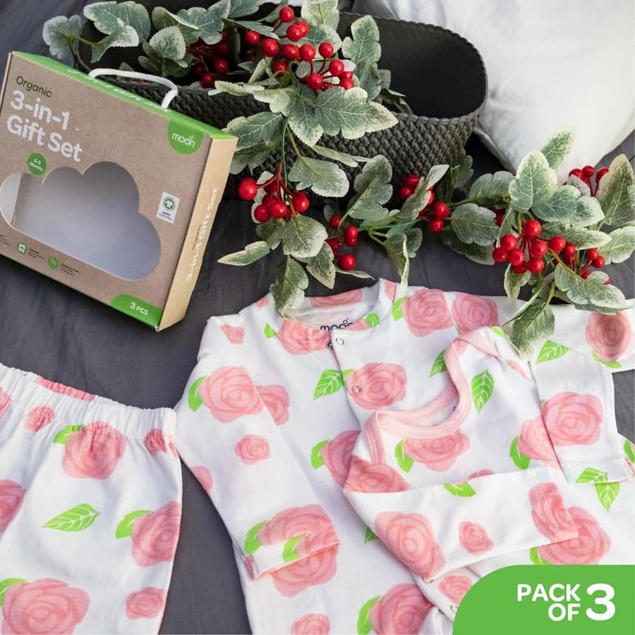 Moon Organic Baby Gift Set Romper Body Suit Rose Print 3Pc (0-3M)