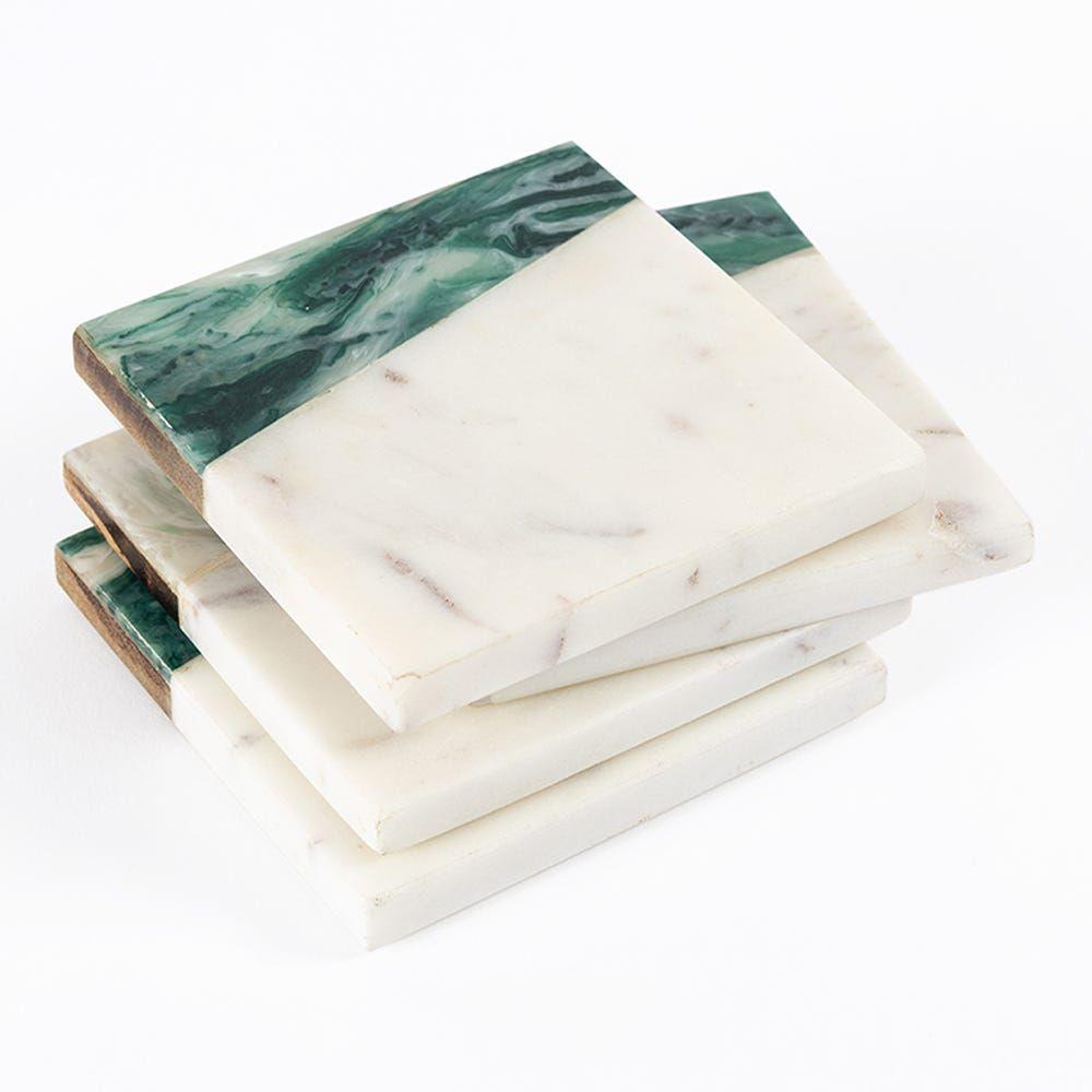 4-Piece Marble And Resin Coaster Set, White Green - 10X10 Cm