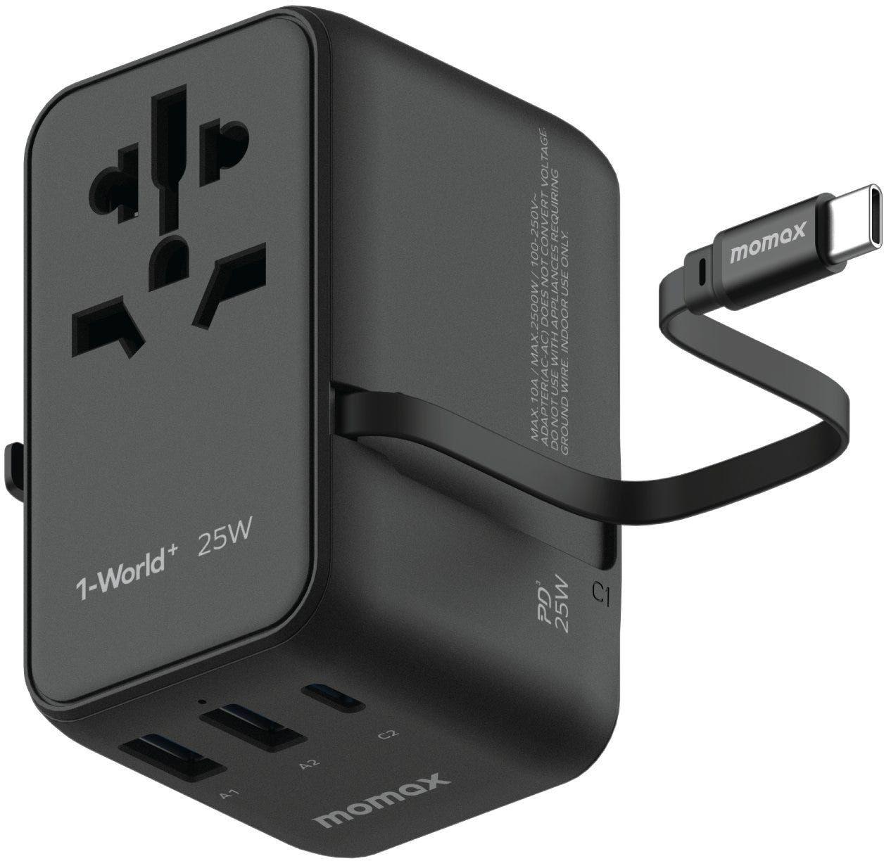 Momax 1-World 25W 3 Port With Built-In Usb-C Cable Ac Travel Adaptor (Color: Black)