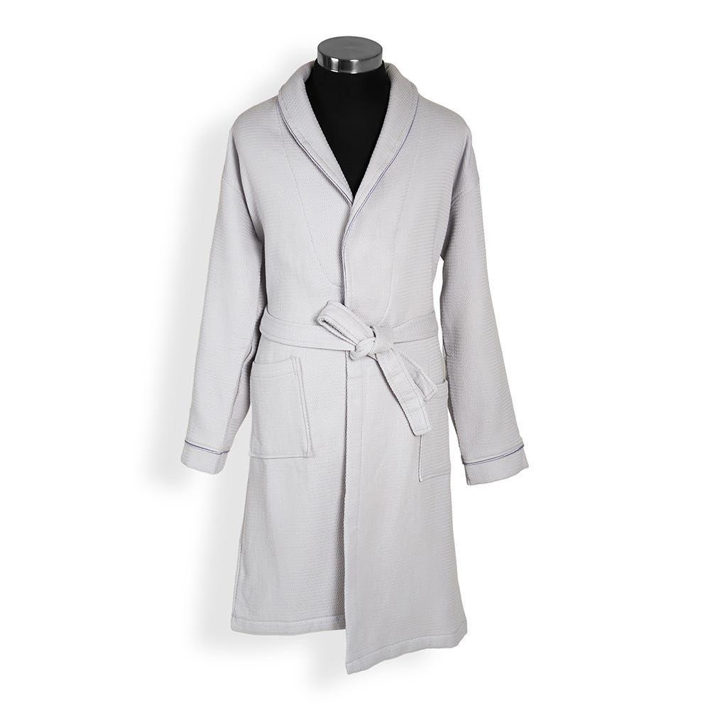 Waffle Trimmed Bathrobe, Grey & Silver