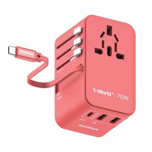 Momax 1-World 70W Gan 3 Port With Built-In Usb-C Cable Ac Travel Adaptor Red