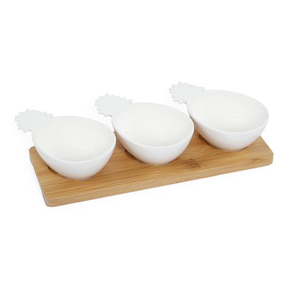 Madagascar Bamboo Tray With 3 Bowls, White - 29X11 Cm