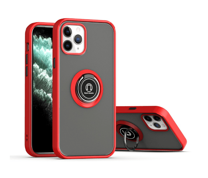 Silicone Soft Edge Mobile Case with Metal Finger Ring Holder Stand for Apple iPhone 12 and 12 Pro - Red