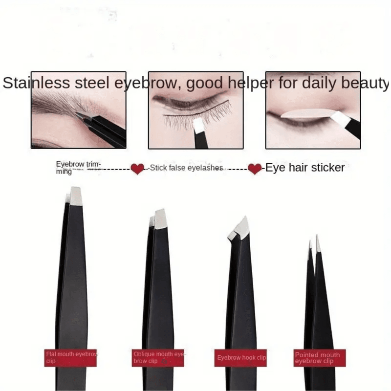 Stainless Steel Eyebrow Tweezers Set: 4 Pieces With Flat And Oblique Mouths - Durable And Practical For Hair Removal And Facial Care