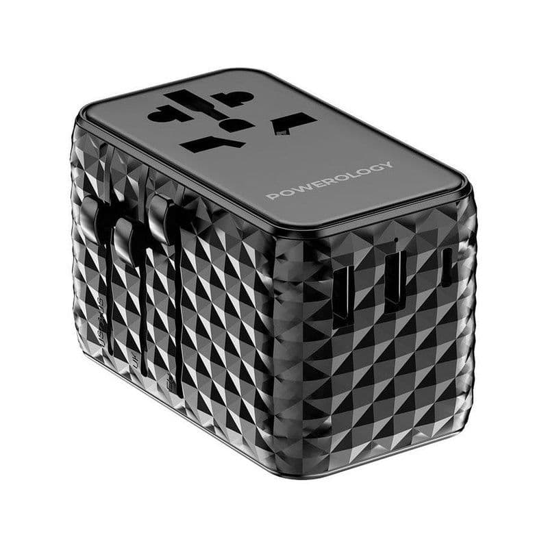 Powerology Gan 20W Pd Universal Adapter Retractable Type-C Cable Black