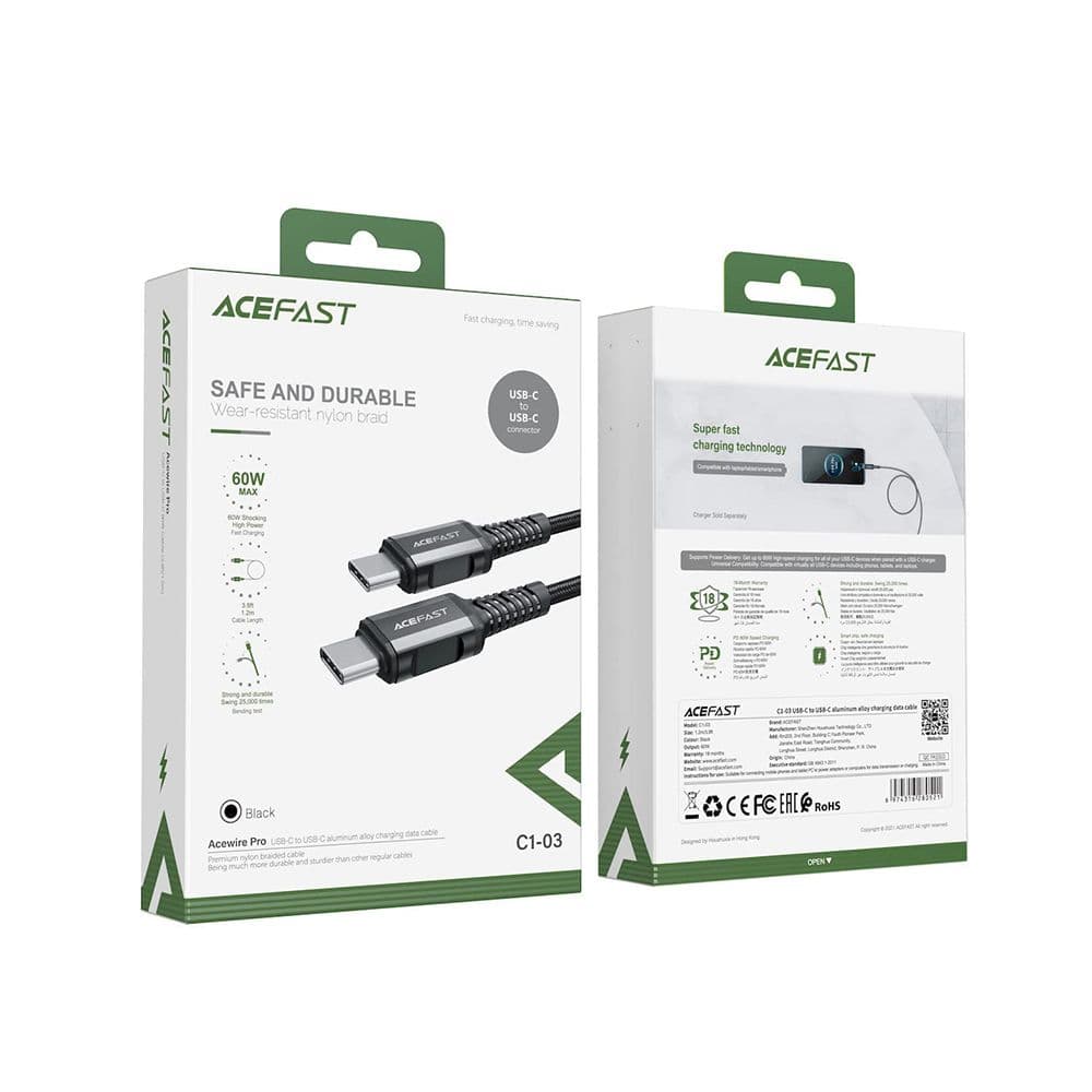 Acefast C1-03 Pd Type-C To Type-C 60W 3A Braided Fast Charging And Data Cable 1.2 M