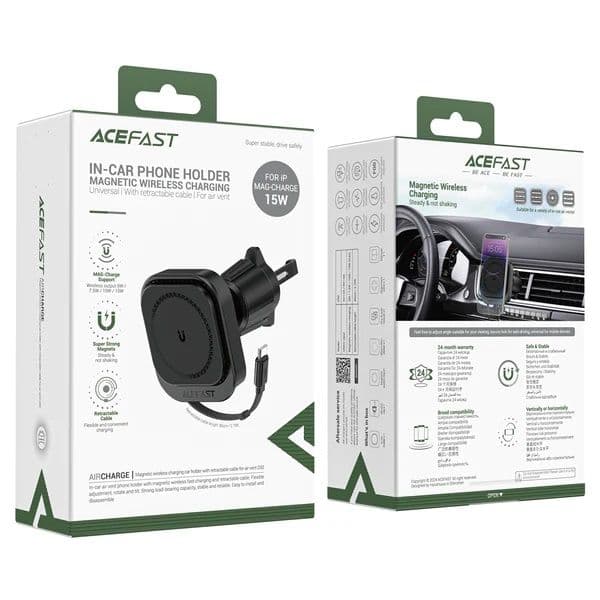 Magnetic Wireless Charging Phone Air Vent Holder With Retractable Type-C Cable - Acefast D32