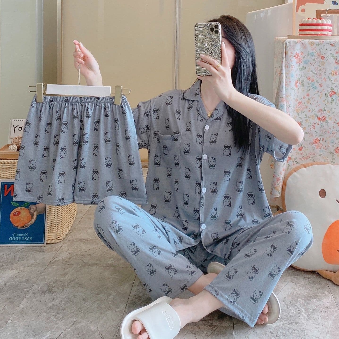 Cute Kitty Cat Printed Pajama Set Women'S Spring Autumn Long Sleeve 2557