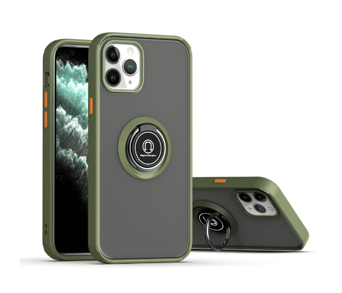 Silicone Soft Edge Mobile Case with Metal Finger Ring Holder Stand for Apple iPhone 12 and 12 Pro - Army Green