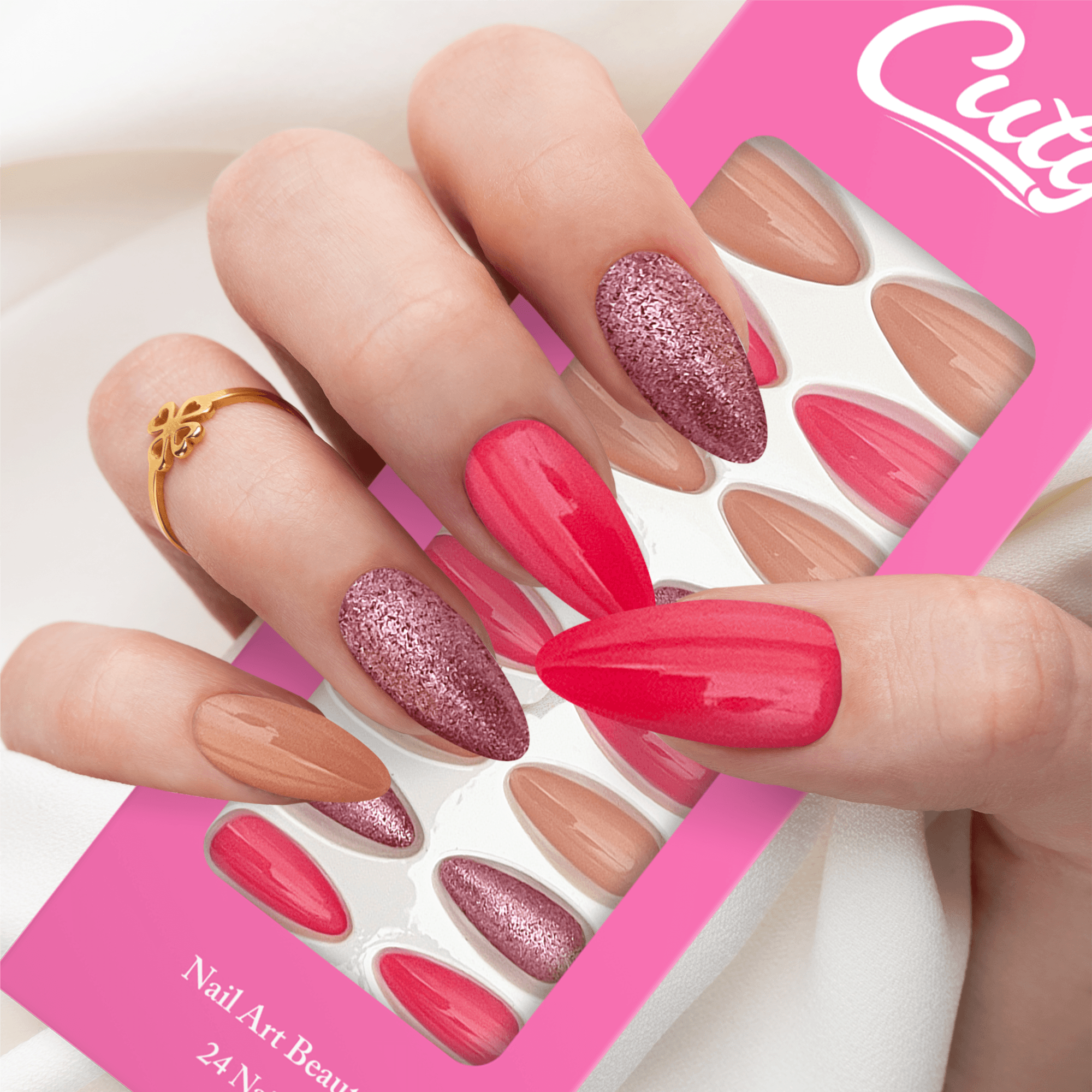 Cuty Nails Set: Flawless Acrylic Nails With Jelly Tape Adhesion - Hot Pink Glitter
