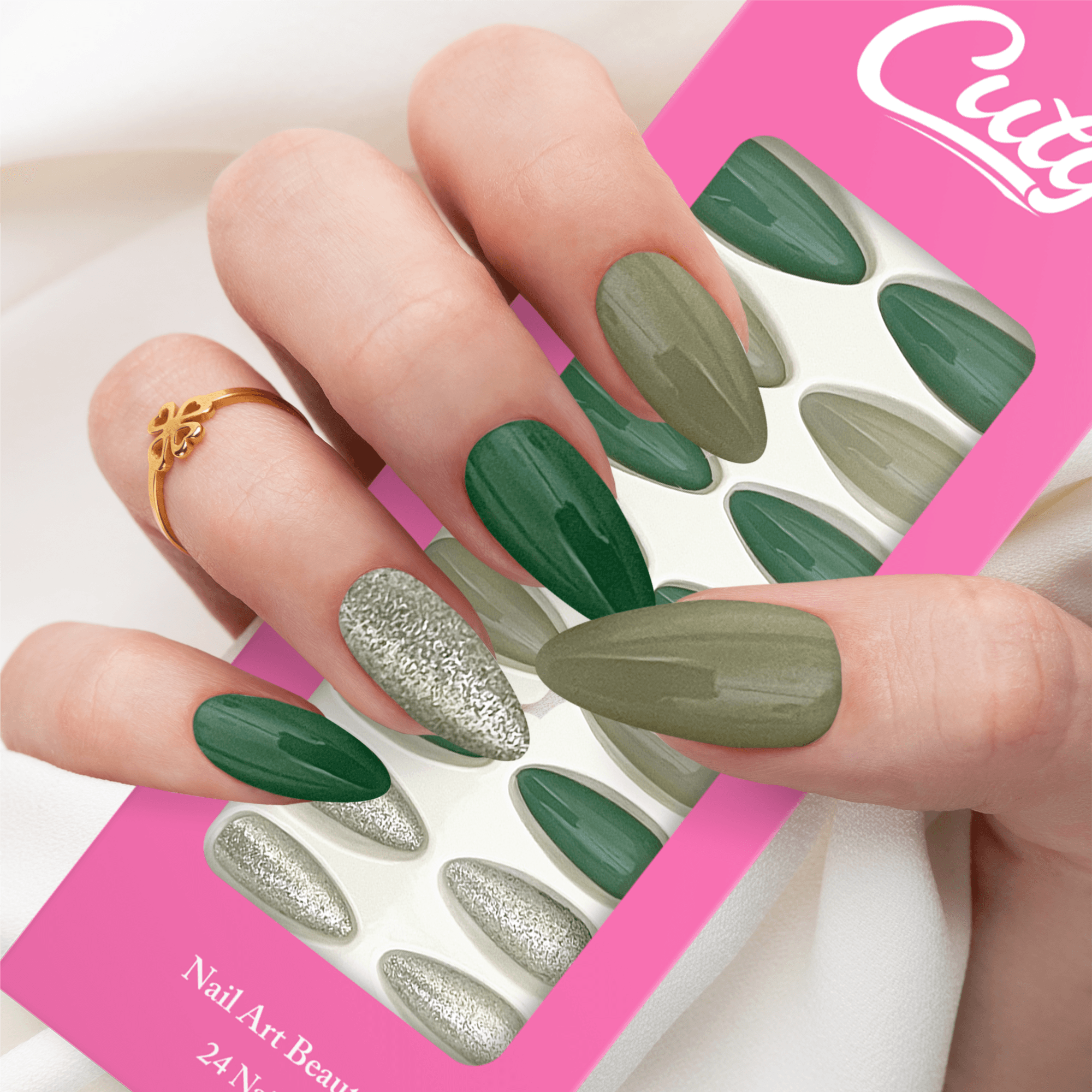 Cuty Nails Set: Flawless Acrylic Nails With Jelly Tape Adhesion - Emerald Sparkle