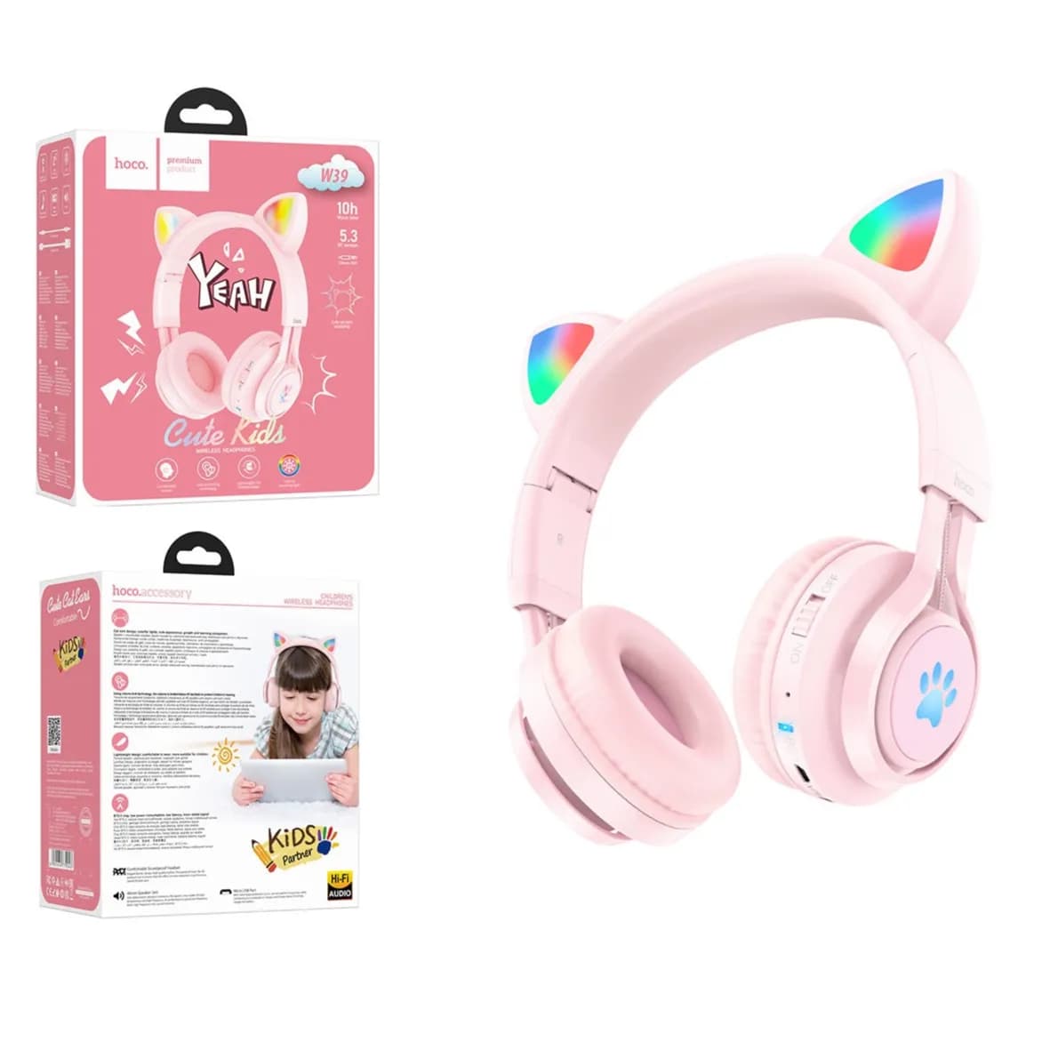 Hoco Cat Ears Wireless Headphones For Kids - Pink Color