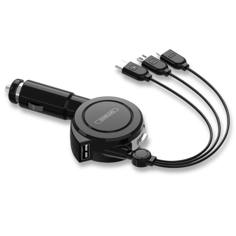 Retractable Car Phone Charging 3 in 1 USB Cable (Black)