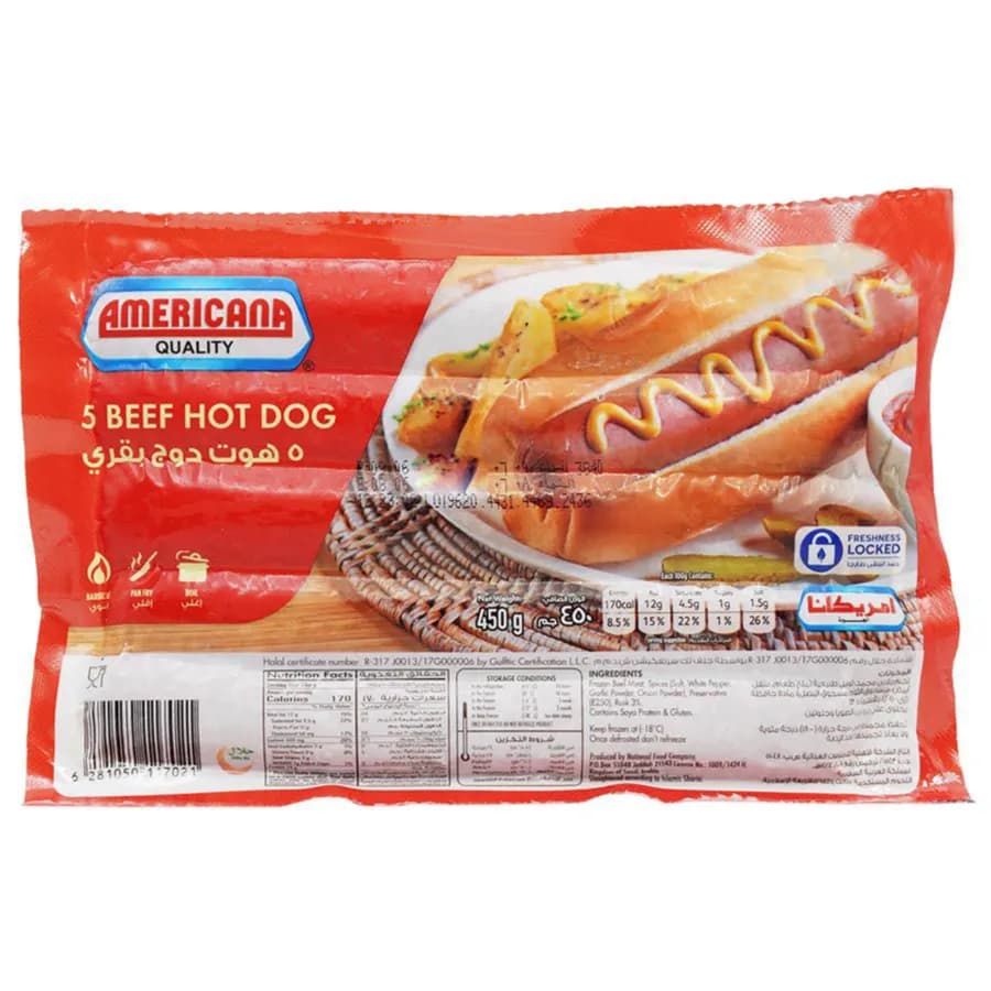 American 5 Beef Hot Dog 450Gm