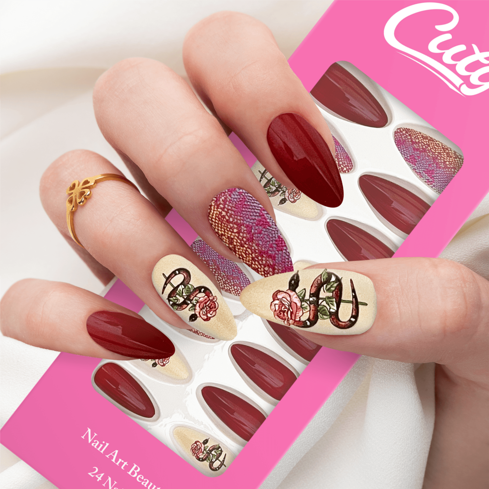 Cuty Nails Set: Flawless Acrylic Nails With Jelly Tape Adhesion - Burgundy Bliss