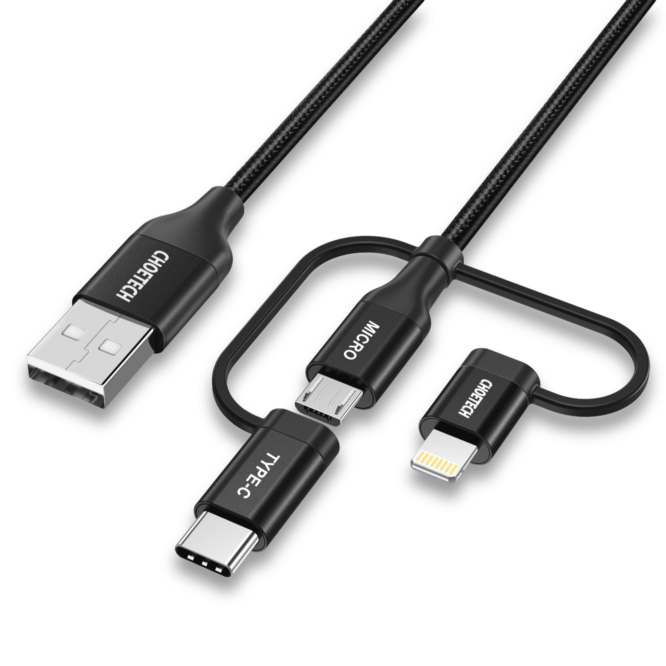Choetech 1.2m Mfi 3-in-1 Usb-a To Type-c+micro+lightening Nylon Cable